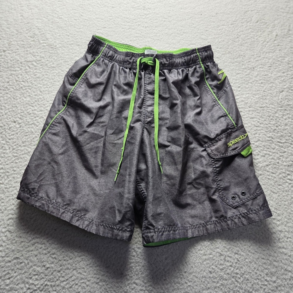 Speedo Swim Trunks Mens Medium Gray Cargo Lined Elastic Waist Shorts Drawstring